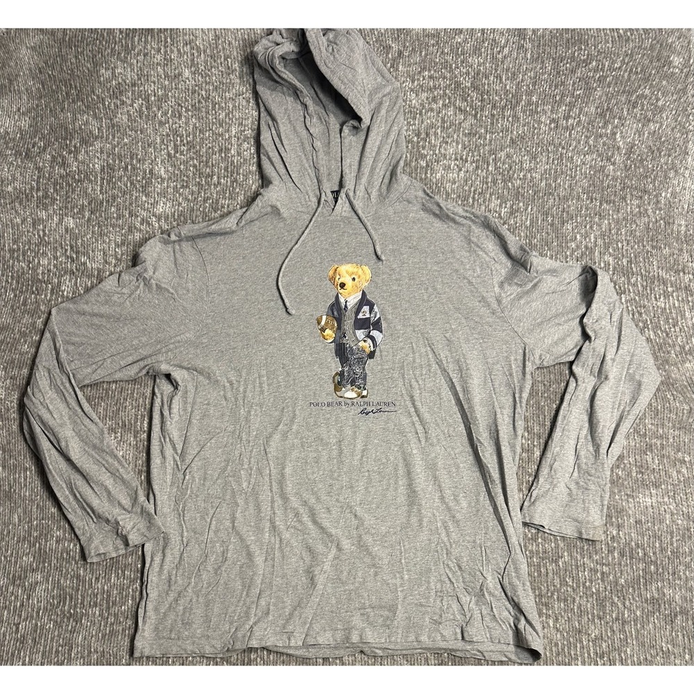 Polo Ralph Lauren Polo Bear Hoodie Mens XL Football Pullover Sweatshirt Gray